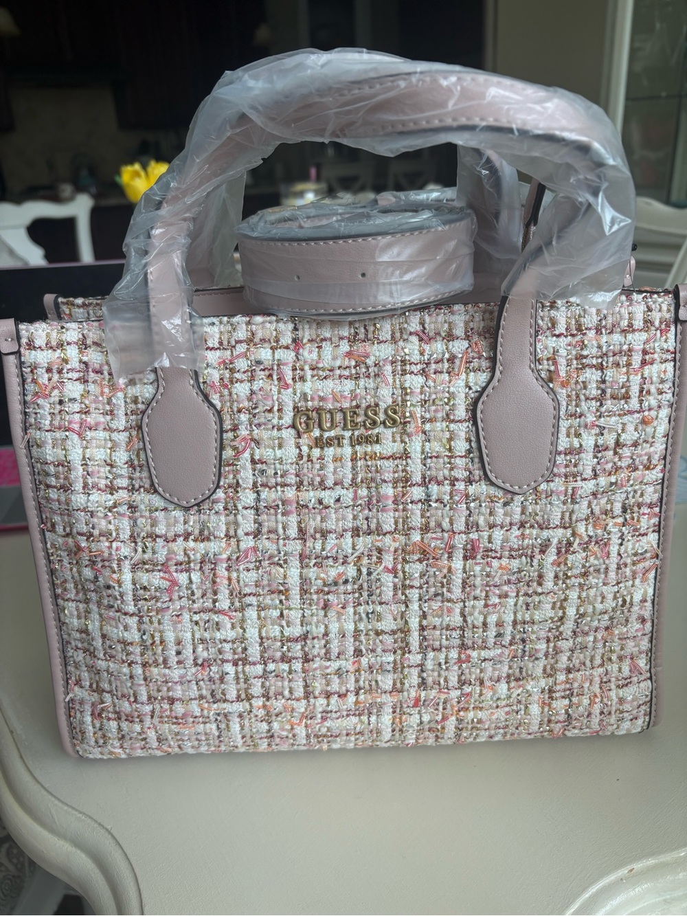 NWT GUESS Pink and gold metallic Tweed Tote with Pale Pink Trim